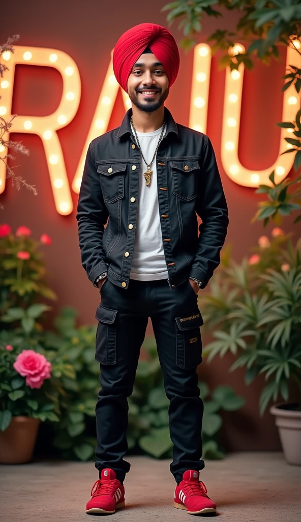 A 17 years Punjabi boy wear a red colour , turban , background in bold name "RAJU" , black denim jacket , black cargo jean , , red shoes , , , realistic, background in flowering. Lighting plant, , modern style , "S" word nackless in neck ,smile ,