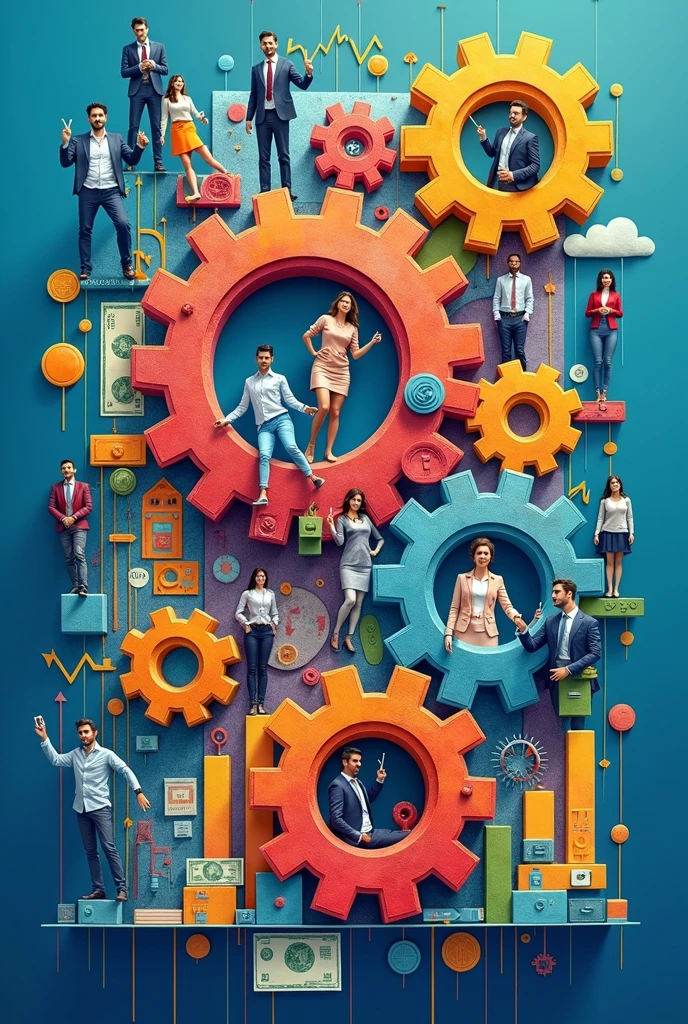 Create three-dimensional gears, circles, and squares, currency, graph lines, and many businessman and businesswoman images. Using watercolor and mixed media Use bright colors The light source is in the upper right corner,background blue. --ar 2:3