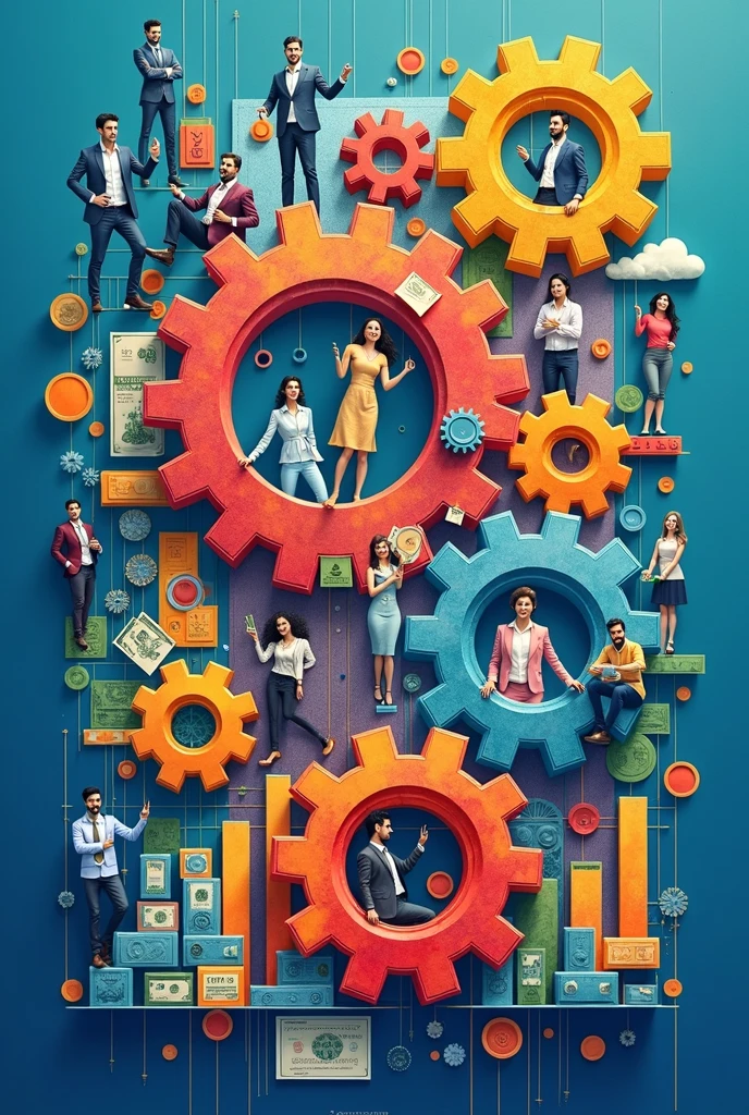 Create three-dimensional gears, circles, and squares, currency, graph lines, and many businessman and businesswoman images. Using watercolor and mixed media Use bright colors The light source is in the upper right corner,background blue. --ar 2:3