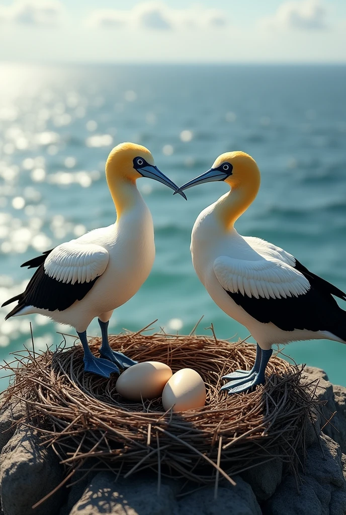 Two gannet birds in their nest with 2 eggs