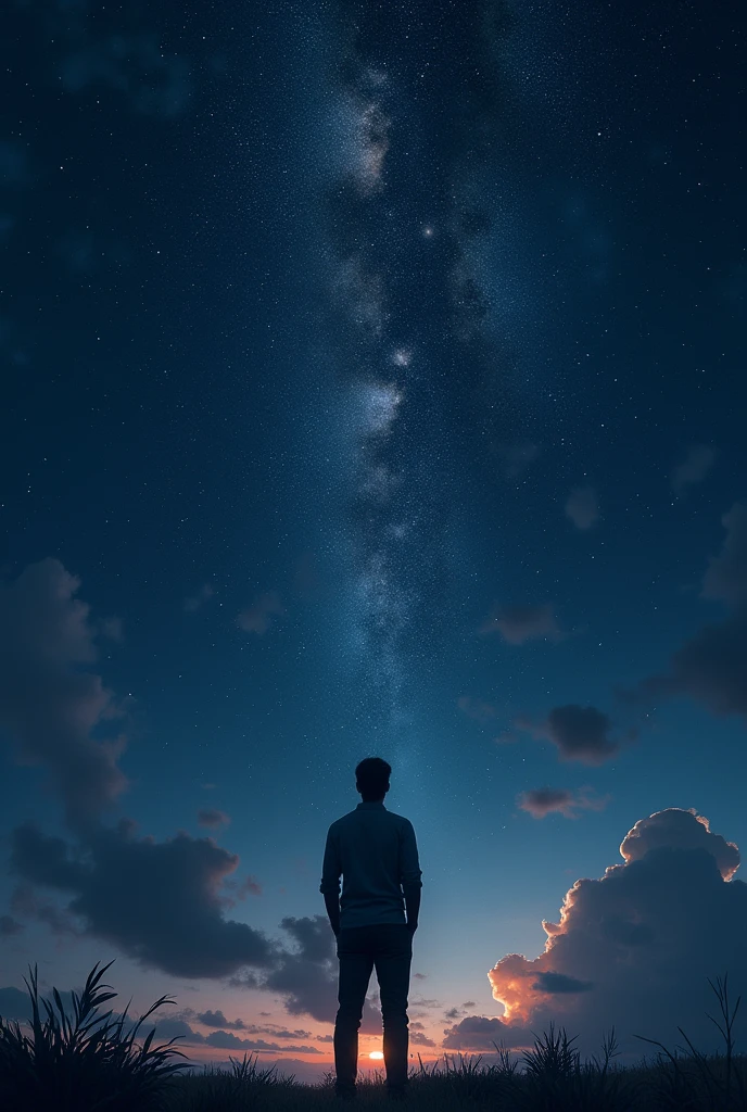 A man looking at sky with black colour and full of stars and galaxy