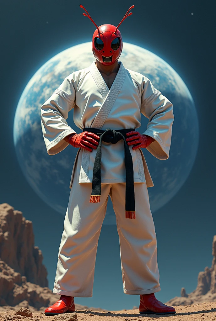 red ant, atomica, jiu jitsu, et super heroi, stark, wearing helmet , wearing a white jiu jitsu kimono, long arm sleeve, wearing long white pants, black waist belt, with both hands on his waist, pose de heroi, it's not human, planet earth as background, realisitic, fully body