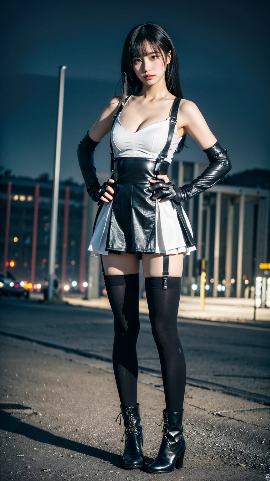 (8k、RAW Photos、Highest quality、masterpiece:1.2)、(Realistic、Realistic)、1 person、((black and white、Cleavage、Medium Hair、tights、Gloves、Garter Ring、mini skirt、Thin legs、whole body、boots、View from the front、Looking into the camera、Night Park、Stand with hands on hips))、cute