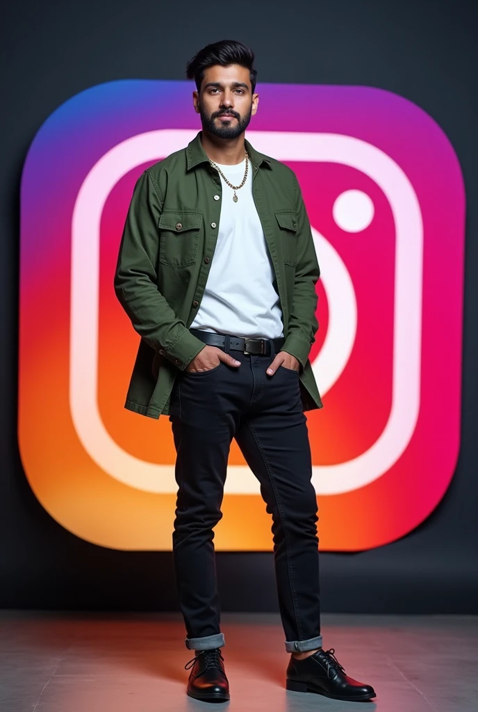 A smart man is standing in front of Instagram logo her name is Montasir. He is wearing black jeans with green shirt with white t shirt