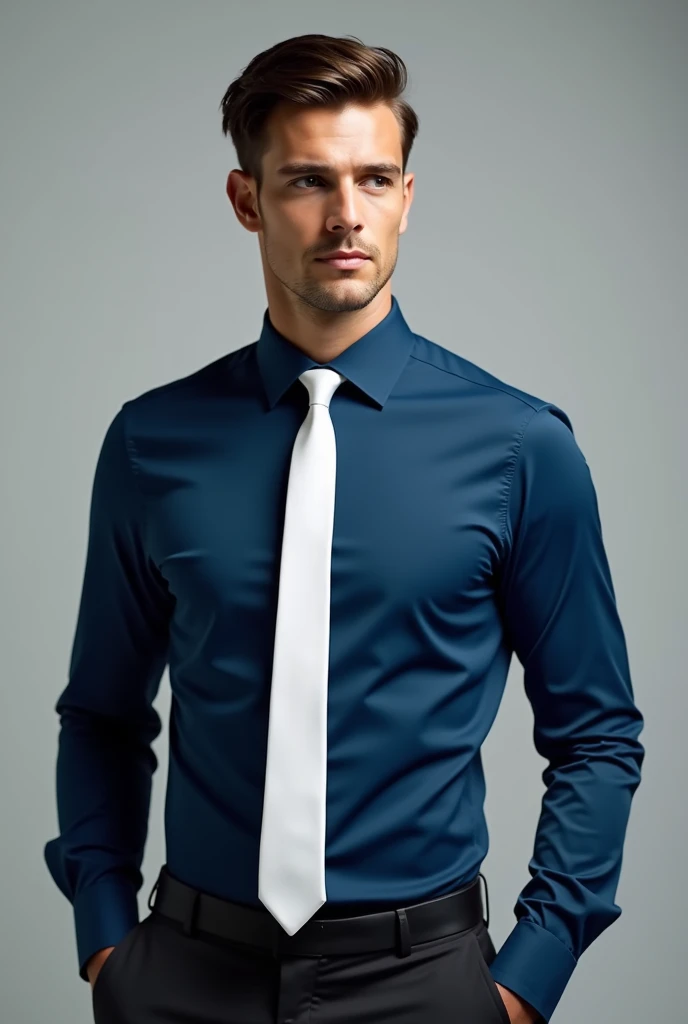 Picture a man wearing a black suit with dark blue shirt and a white tie. The shirt could be a classic, solid blue with a smooth texture, and the tie should be crisp and bright white, adding a sharp contrast. The man might have his hair neatly styled, and you could choose a neutral background to keep the focus on the attire