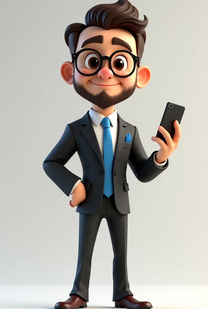A full body 3D cartoon character. He has a friendly and charismatic appearance. The character is a young man with fair skin, a beard and dark brown hair combed up, thick eyebrows, large brown eyes and wears glasses. He is smiling confidently. The character is dressed formally, wearing a black suit, white shirt and blue tie. In his jacket pocket is a blue handkerchief, matching his tie. He is holding a cell phone in one hand and the other is pointing at the cell phone. Your posture and relaxed posture suggest confidence and ease. The background of the image is neutral, which highlights the character even more.