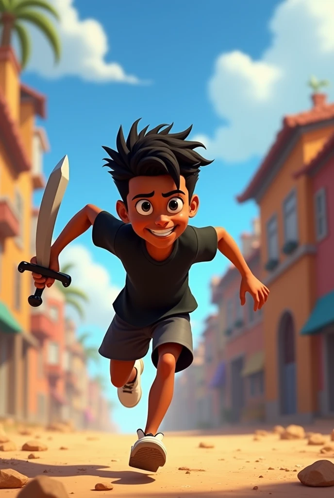 Disney pixar cartoon,jung, age 25, Bblack hair, dark-skinned, Scrawny, Cao Cao, sign near the right eye, beautiful smile, eyes narrower, sprinting ,Titulo (the adventures of a liar) eyes black, black jersey ,, holding a toy sword