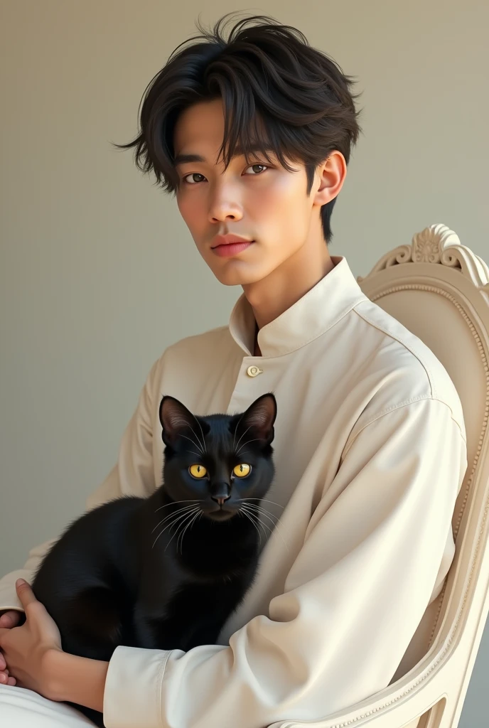 Create a realistic photo of a charismatic, cute, innocent looking and pretty boy at the age of 20 filipino-korean seminarian in white sonata holding a black cat in his lap. I will use it as a cover in my novel about a boys love story of a seminarian and vampire.