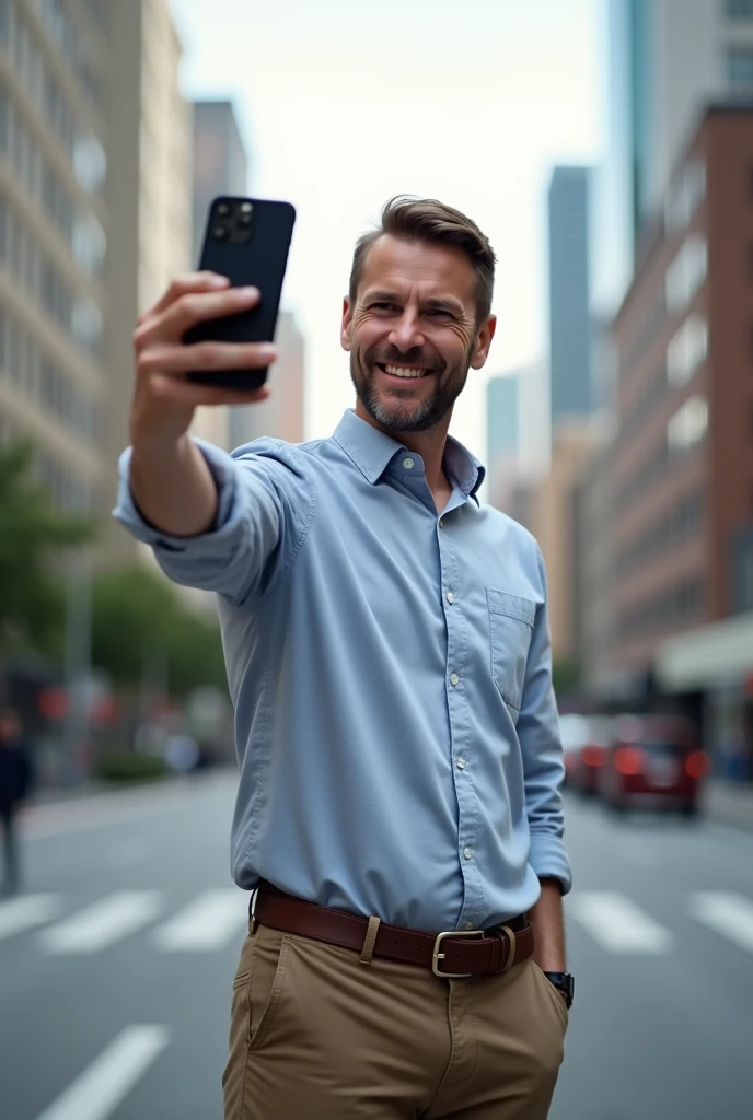 Make a realistic photo of a man taking a selfie making the number 3 with his fingers. REALIST REALIST