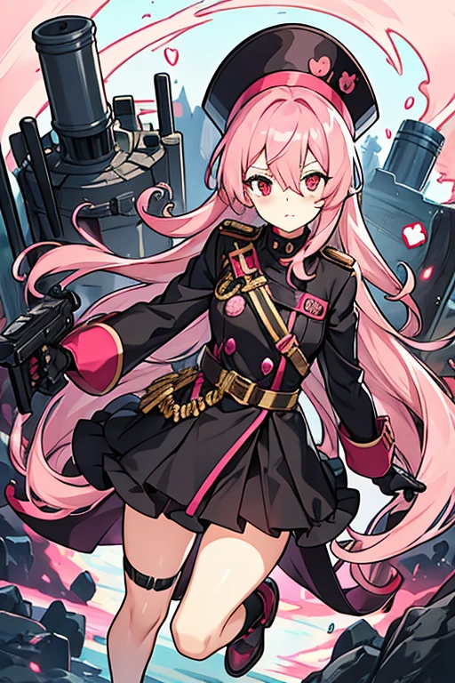 women, pink hair, with an eye patch, Red eyes, leather gloves, black dress,pink and white, Long black boots, with a cannon, with black commander hat