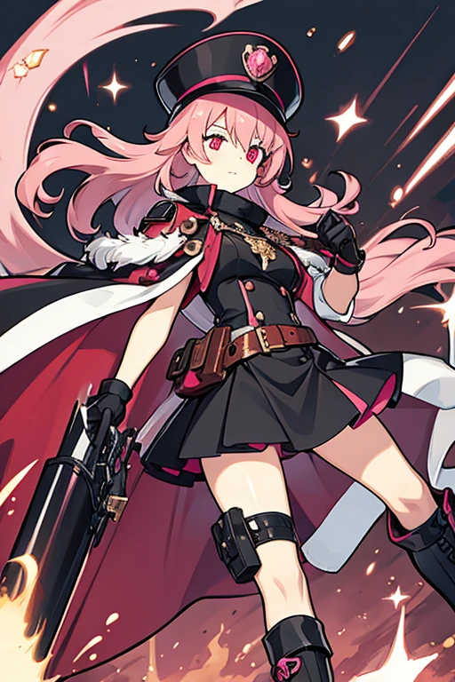 women, pink hair, with an eye patch, Red eyes, leather gloves, black dress,pink and white, Long black boots, with a cannon, with black commander hat