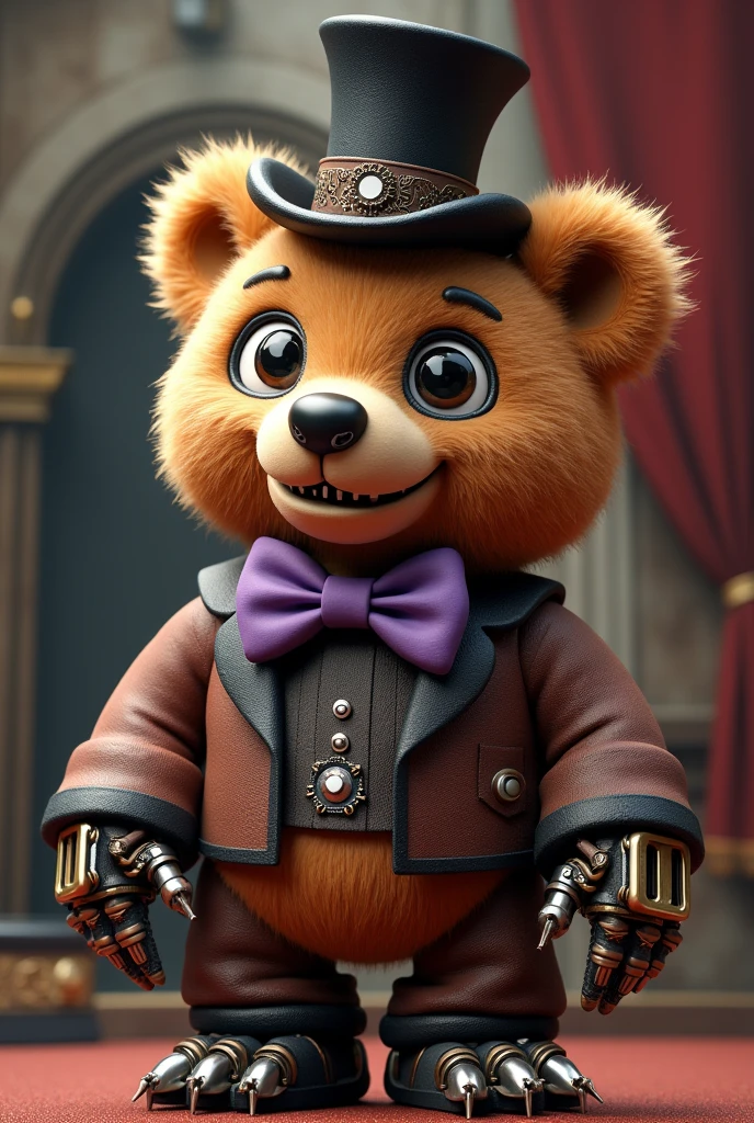 A animatronic bear wearing a purple bow tie and a tophat