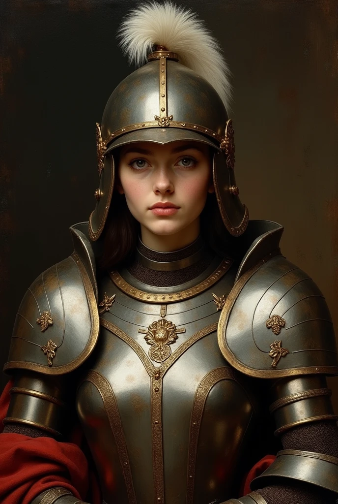 masterpiece, Baroque, high contrast, realism, Black background, rembrant painting style, Woman in armor, and metal helmet with feather, very bright, a lot of detail, old painting style, Baroque, oil painting, warm tones, Caravaggio,