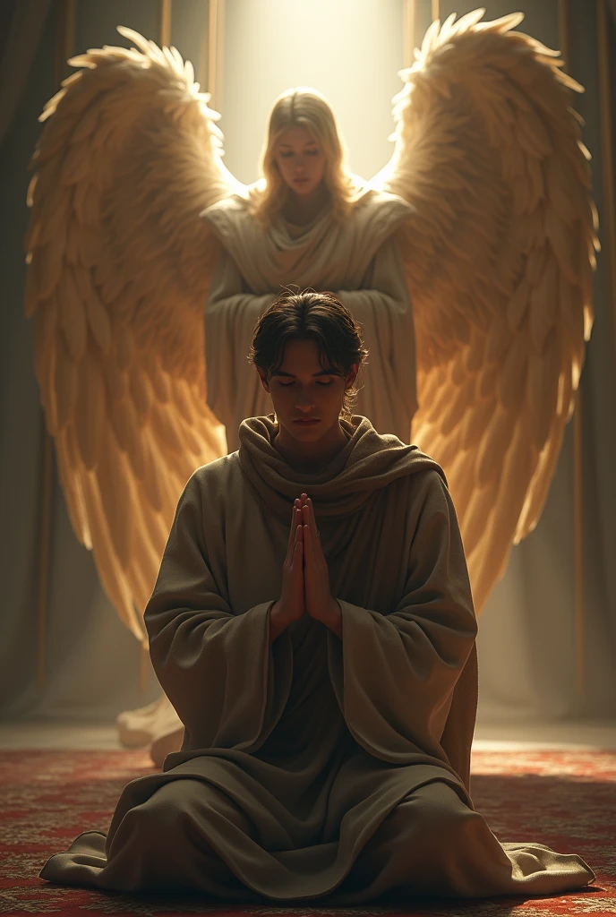 (photorealism:1.2), (8) A young man praying and an angel looking behind