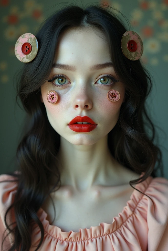 a women young with big and red lips, pale, beautiful, big eys, long hair, wear a pink top, as a tim burton, with bottons in her eyes,