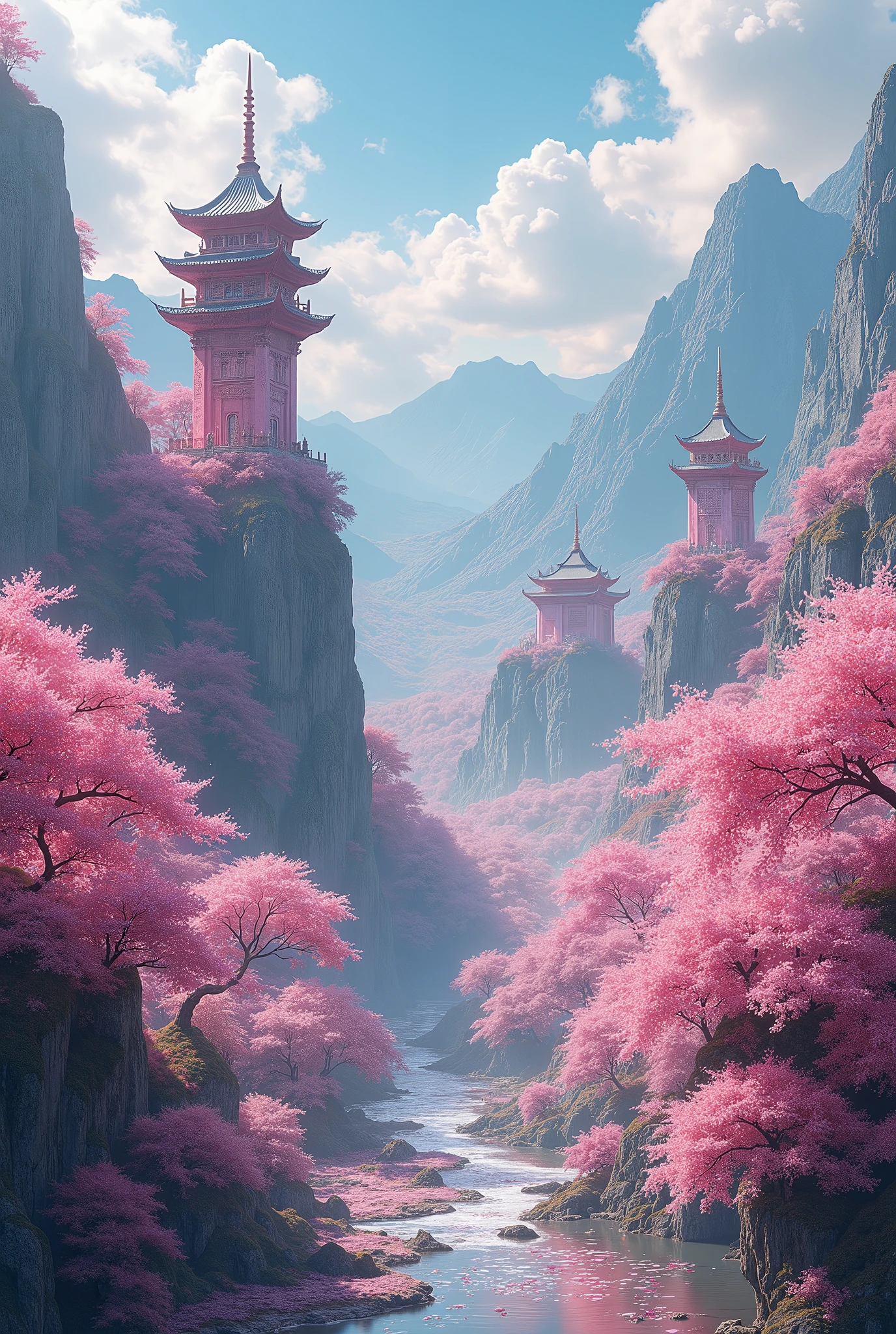 A vast and magical kingdom of the Sakurianas set in 2000 B.C. in China. The kingdom is located within a sprawling forest of Sakura trees, with petals constantly falling, creating an enchanting atmosphere. The trees are vibrant, with blossoms in various shades of pink. The architecture includes shimmering, translucent palaces elevated on platforms that overlook fields of Sakura. The structures are adorned with pink hues, reflecting the soft color of the Sakura flowers. Floating pathways made of glass connect different parts of the kingdom, allowing the Sakurianas to walk among the trees and over rivers filled with floating Sakura petals. The kingdom is protected by barriers formed from indestructible and poisonous Sakura petals that shimmer with a mystical glow. High observation towers covered with Sakura flowers serve as watchtowers, with vigilant Sakurianas ready to command the petals for defense. The landscape also features floating gardens full of different flowers and herbs, suspended above the kingdom, fed by the magical energy of the Sakurianas. Rivers of glowing Sakura petals flow through the kingdom, creating a serene and otherworldly ambiance. In the distance, majestic mountains frame the kingdom, adding to its natural beauty and sense of isolation from the outside world.