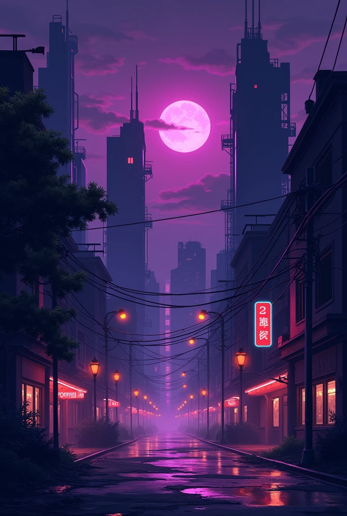 Create an image for a background that is like an 8-bit video game, in which it looks like a dark city with purple tones and those that stand out and make it look like it is the start screen of a video game