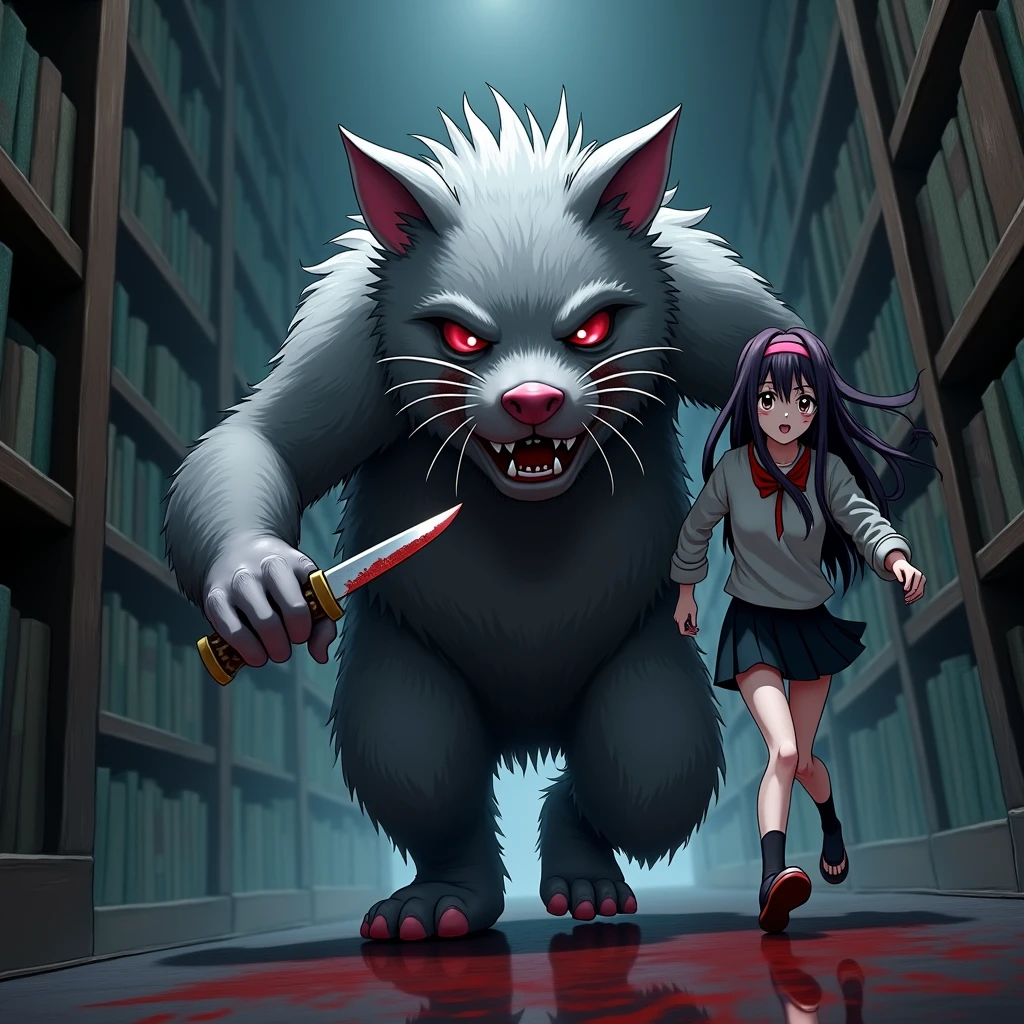 May ((A female student with long, dark purple hair that reaches the middle of her back. She always wears a red headband. She have a brown eyes color. She is wearing a long-sleeved shirt and a black skirt.)) The mole mascot ((A scary mole mascot costume, a bloody suit and carries a knife)) starts walking toward May. Its heavy footsteps echo throughout the library. May steps back, feeling terrified. She runs through the narrow passageways between the bookshelves, trying to find a way out. The mascot continues to follow closely behind.
