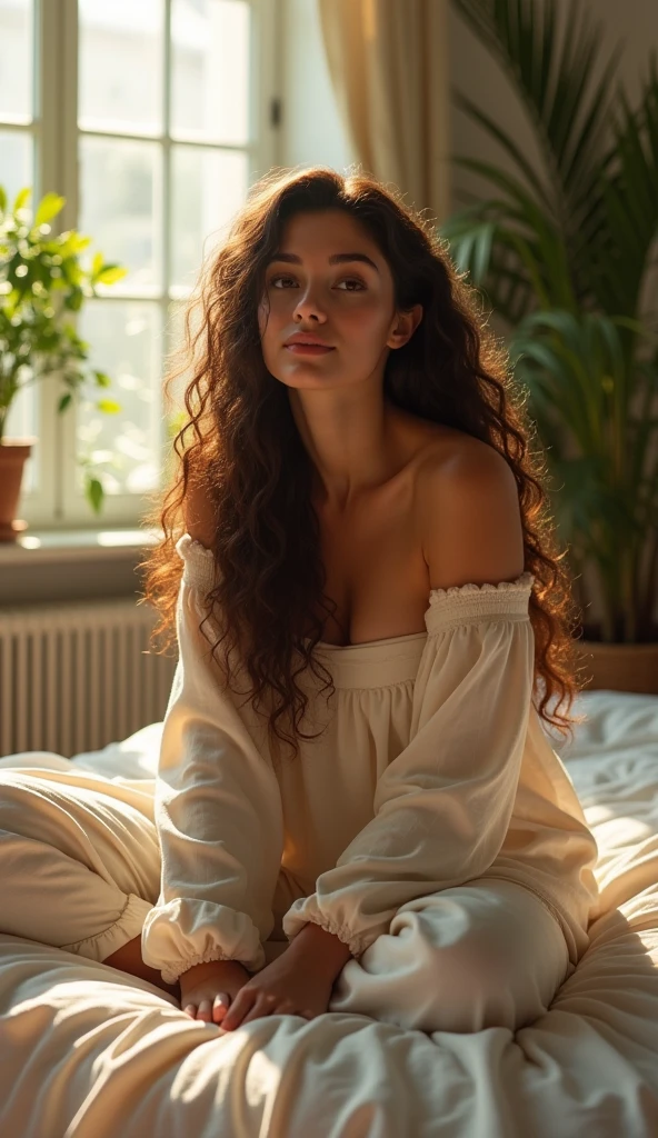 (photorealism:1.2), beautiful woman, sitting on bed, wearing loose off-shoulder top, pajama pants, long curly hair, indoors, soft lighting, plants in background, window with sunlight, cozy room, relaxed pose, realistic, intricate details, warm colors, by Greg Rutkowski, by Alphonse Mucha