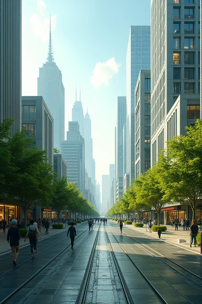 Create a street with tall and modern buildings, beautiful streets made only for pedestrians, use of trams and subways as transport, with plenty of trees and green areas.