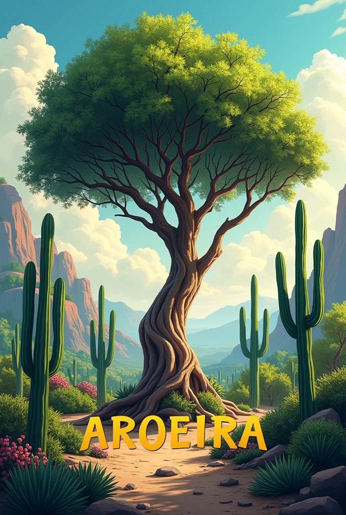the image of a Mastic Tree (typical plant of the northeast) No fundo, with a landscape that brings elements of the northeastern hinterland such as cacti, mandacarus, and the word AROEIRA highlighted in the middle in capital letters. It could be one more image as it is for a 3rd year class