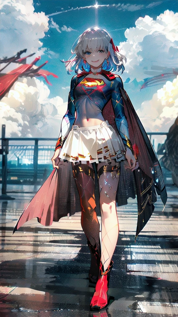 masterpiece, 4K, 8k, high quality, Very detailed, Detailed face, High resolution, Vibrant colors, Natural light, Best Shadow, Shallow depth of field, Portraiture (Supergirl:1.1) standing on a roof, smile, Red Skirt, Red Cape, red boots with heels, delicate, Captivating blue eyes, Nice medium sized breasts, blonde, (Superman symbol on chest:1.2), barefoot, blue sky, sunlight, cloud, sun, bloom,