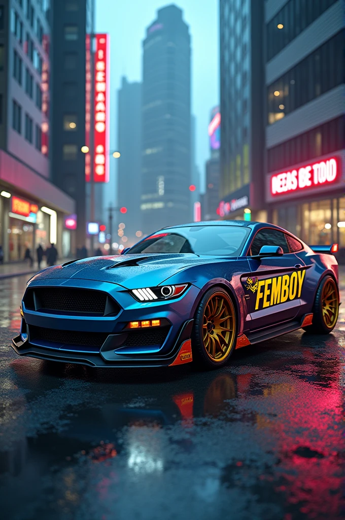 Make a car with the word femboy written on it in dark yellow fox
