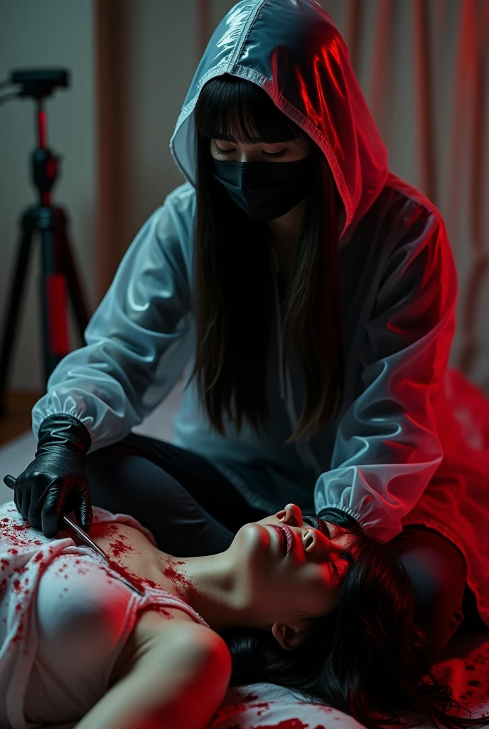 korean girl, (behind stiff, holding knife), black surgical mask, black leather gloves, bloody room, transparent raincoat, hood up, holding knife, leather gloves, woman on top, behind cadaver, blood splatter, bed room, night, mass murderer, killer, long bangs, blood splatter, dark atmosphere, cinematic lighting, atmospheric realistic, red lighting, close-up, tripod and camera in the back, shooting with camera