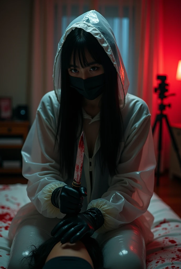 korean girl, (behind stiff, holding knife), black surgical mask, black leather gloves, bloody room, transparent raincoat, hood up, holding knife, leather gloves, woman on top, behind cadaver, blood splatter, bed room, night, mass murderer, killer, long bangs, blood splatter, dark atmosphere, cinematic lighting, atmospheric realistic, red lighting, close-up, tripod and camera in the back, shooting with camera