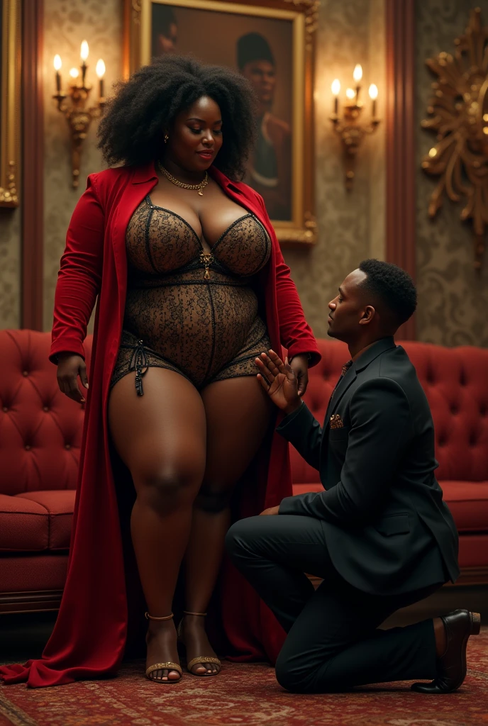 photorealism 
ebony Beautiful women&#39;s feet exuding power and wealth as a findom persona dark skinned toned plus size thick chubby woman full image backgrounis a high end setting luxury decor rich and wealth show full body with 
white slave men on his knees worshipping feet