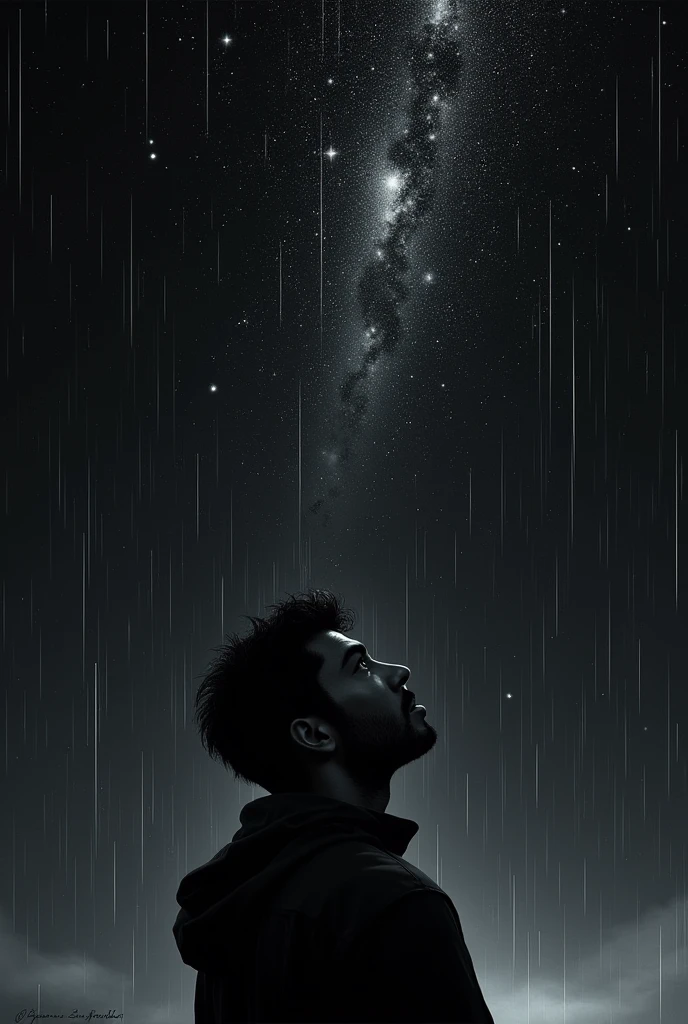 A man looking at sky with black colour and full of stars and galaxy and rain