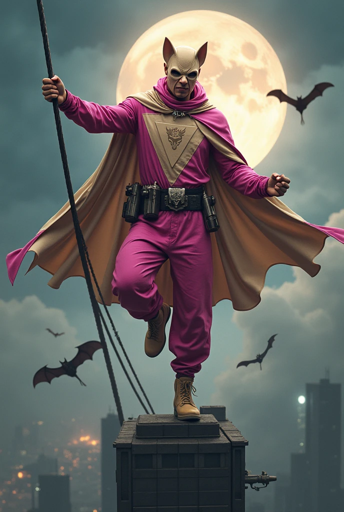 Malaysia man in high-tech suit, vivid effects, malaysian superhero (KELUANG MAN) in a striking pink and beige costume cyberpunk design, mask small mini bat ear beige, daredevil beige mask, jumpsuit dark pink stands confidently in a dramatic.jumping from high place.hero costume.one hand rise up. Big triangle logo on the chest.high detail Punisher logo on the chest. Fighting pose , stormy landscape. ((Head covered node guard like batman. Running pose , athletic body type, small mini ear bat mask))The character wears domino mask a helmet with pointed mini torn ears and a flowing cape biege, open nose and mouth. Equipped with visible futuristic weapons on a belt,bullet proof jacket pink dark day.show fingers pose, dark night, big supermoon effect . Small logo on chest triangle shape small punisher logo center(( skull triangle Casey Jones mask shape logo)) center on chest pink logo mini logo . rocky. Building top.smoke ground , hand fired with gun , bomb effect background--style raw --stylize 500 --v 6.1. chaos. Lot of small flying bat. One leg on the high stone. Man. Wear hologram watch.. Real man age 40 year old. One hand holding belt.one hand holding black rope hanging on building. ((Big pant pink loose.)) Beige cape joodie.(( Loose pant)) , jump on high building)marvel , X-Men((.