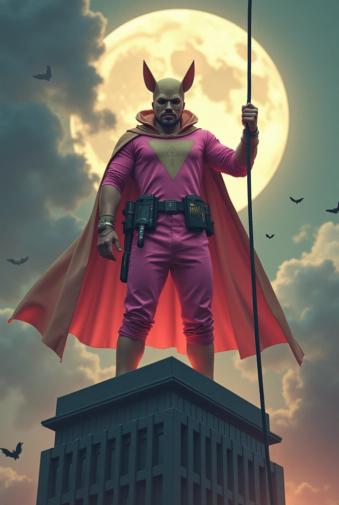 Malaysia man in high-tech suit, vivid effects, malaysian superhero (KELUANG MAN) in a striking pink and beige costume cyberpunk design, mask small mini bat ear beige, daredevil beige mask, jumpsuit dark pink stands confidently in a dramatic.jumping from high place.hero costume.one hand rise up. Big triangle logo on the chest.high detail Punisher logo on the chest. Fighting pose , stormy landscape. ((Head covered node guard like batman. Running pose , athletic body type, small mini ear bat mask))The character wears domino mask a helmet with pointed mini torn ears and a flowing cape biege, open nose and mouth. Equipped with visible futuristic weapons on a belt,bullet proof jacket pink dark day.show fingers pose, dark night, big supermoon effect . Small logo on chest triangle shape small punisher logo center(( skull triangle Casey Jones mask shape logo)) center on chest pink logo mini logo . rocky. Building top.smoke ground , hand fired with gun , bomb effect background--style raw --stylize 500 --v 6.1. chaos. Lot of small flying bat. One leg on the high stone. Man. Wear hologram watch.. Real man age 40 year old. One hand holding belt.one hand holding black rope hanging on building. ((Big pant pink loose.)) Beige cape joodie.(( Loose pant)) , jump on high building)marvel , X-Men((.