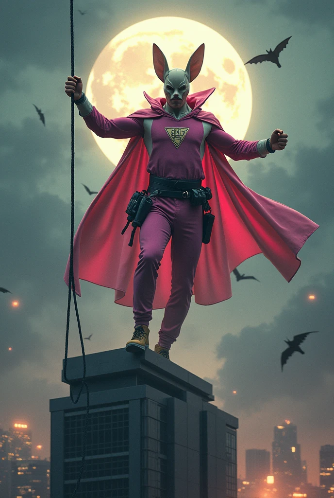 Malaysia man in high-tech suit, vivid effects, malaysian superhero (KELUANG MAN) in a striking pink and beige costume cyberpunk design, mask small mini bat ear beige, daredevil beige mask, jumpsuit dark pink stands confidently in a dramatic.jumping from high place.hero costume.one hand rise up. Big triangle logo on the chest.high detail Punisher logo on the chest. Fighting pose , stormy landscape. ((Head covered node guard like batman. Running pose , athletic body type, small mini ear bat mask))The character wears domino mask a helmet with pointed mini torn ears and a flowing cape biege, open nose and mouth. Equipped with visible futuristic weapons on a belt,bullet proof jacket pink dark day.show fingers pose, dark night, big supermoon effect . Small logo on chest triangle shape small punisher logo center(( skull triangle Casey Jones mask shape logo)) center on chest pink logo mini logo . rocky. Building top.smoke ground , hand fired with gun , bomb effect background--style raw --stylize 500 --v 6.1. chaos. Lot of small flying bat. One leg on the high stone. Man. Wear hologram watch.. Real man age 40 year old. One hand holding belt.one hand holding black rope hanging on building. ((Big pant pink loose.)) Beige cape joodie.(( Loose pant)) , jump on high building)marvel , X-Men((.