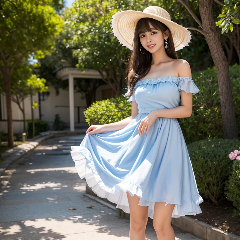 laughing out loud，(knee shot), 1 girl, On the face, light brown hair, blunt bangs, hair behind ears, Hair over the shoulders, long hair, Slender body type, Super thin face, face slimming, delicate lips, beautiful eyes, Thin blush, Eyes are light brown,Check it out here, (realistic:1.3), Standing next to a Japanese street, 8k, , Super detailed, high quality, best quality, High resolution, Full breasts, 2, , (gauze skirt), (Tutu), wearing a light blue dress, Cute and elegant pose, Bandeau dress, (((Gauze puffy dress))), 網gauze skirt, 五層網gauze skirt, There is skirt scale inside the skirt，The dress is made of chiffon，Soft and fluffy dress, elegant, on the beach, wearing a straw hat, light blue dress,long skirt