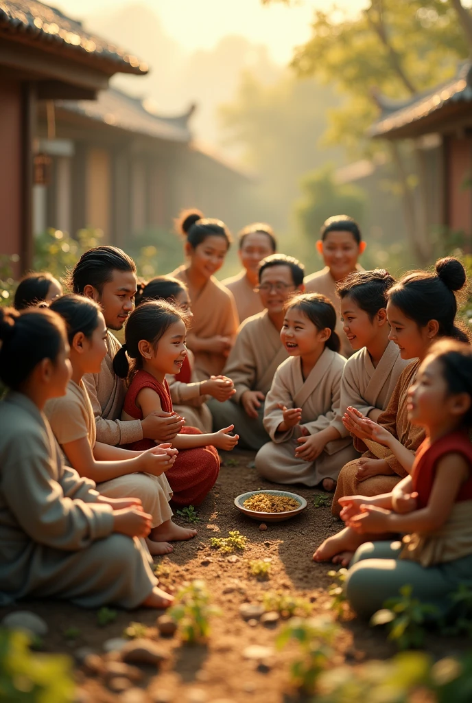 Village style big  family which actual look like the real humans, sunlight in background and small plants ,all are wearing cloths degnified ,all are sitting together - high resolution 