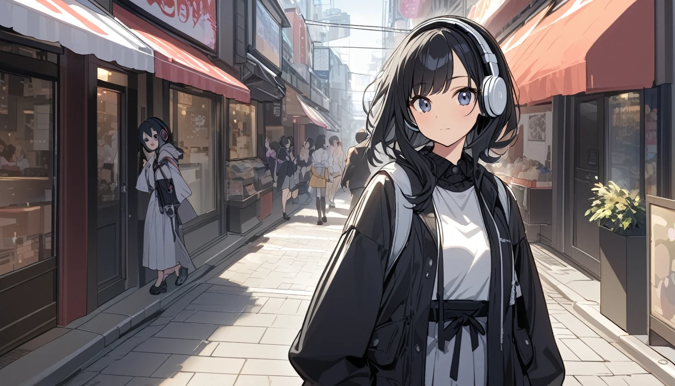 Streetscape in Tokyo、A woman with black hair and cute clothes looking at me,Streetscape、Listening to music with headphones、Japanese