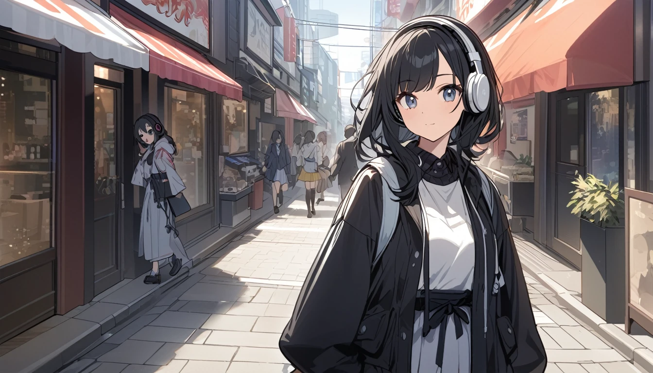 Streetscape in Tokyo、A woman with black hair and cute clothes looking at me,Streetscape、Listening to music with headphones、Japanese