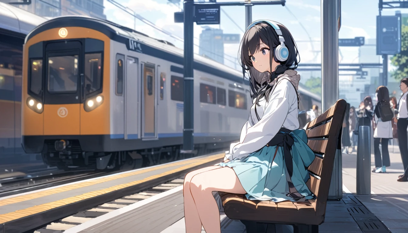 A woman with black hair and cute clothes sitting on a bench on the station platform waiting for a train,Streetscape、Listening to music with headphones、Japanese