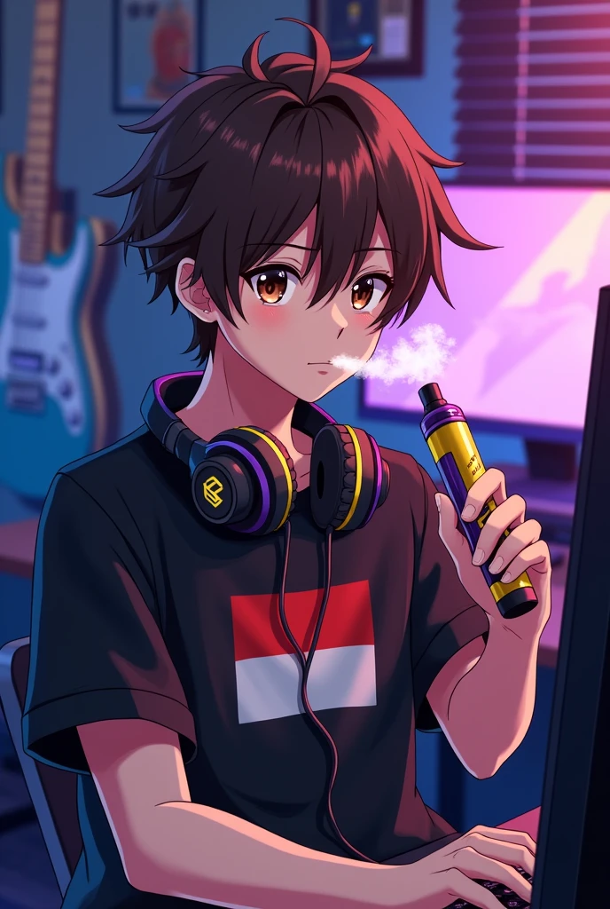 Anime cool chub gamer boy brown eyes and brown hair smoking purple and yellow vape and a headphones on his neck wearing a cool black shirt with an indonesian flag in a gaming room in his pc with guitar