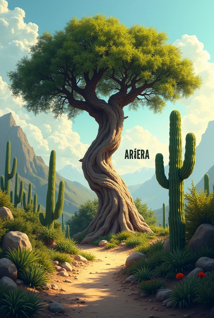 the image of a Mastic Tree (typical plant of the northeast) No fundo, with a landscape that brings elements of the northeastern hinterland such as cacti, mandacarus, and the word AROEIRA highlighted in the middle in capital letters. It could be one more image as it is for a 3rd year class