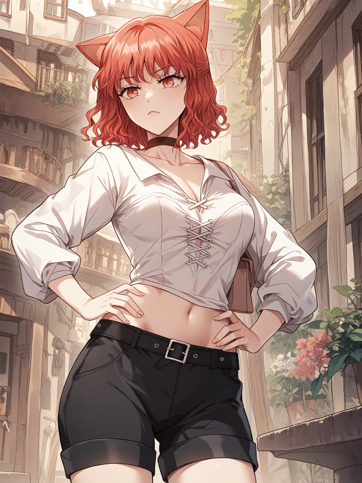 MisshaKarlstein, cat woman, red eyes, red hair, short hair, wavy hair,top tank,shorts,midriff,navel
