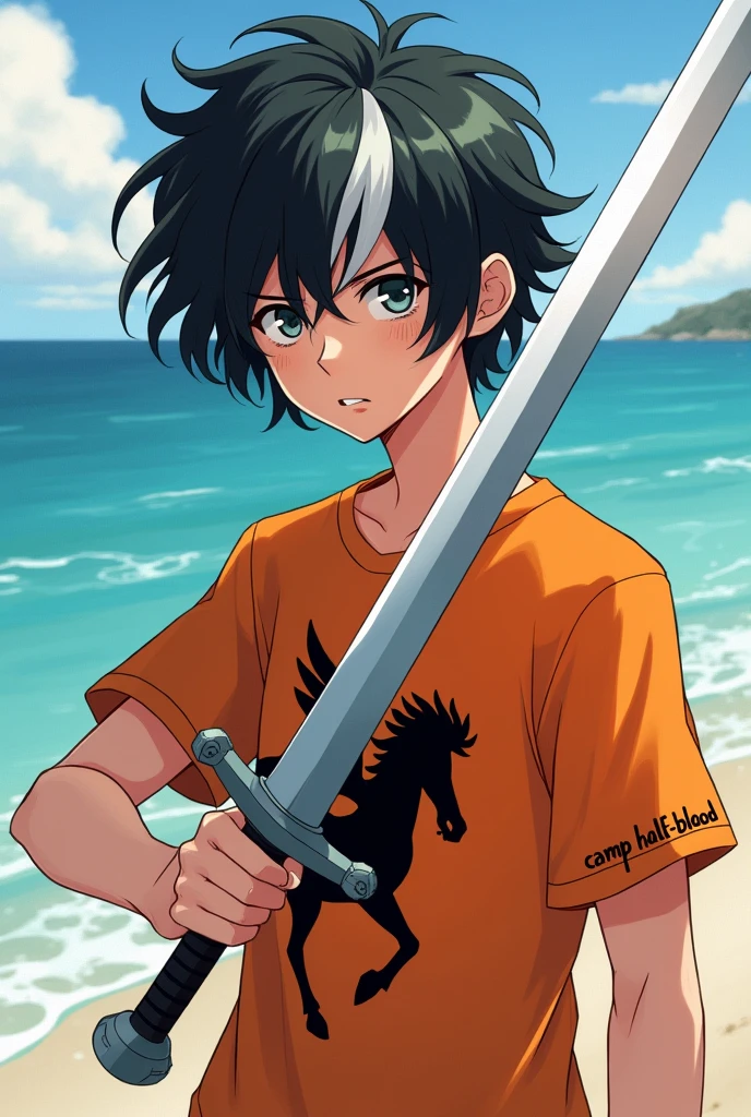 illustration, white teenager, black and wavy hair, and a white streak, with a silver sword, wearing an orange T-shirt with a black pegasus print, Written "Camp Half-Blood" on the edge of a beach ready to fight