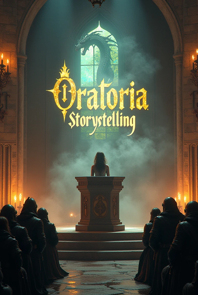 Design an epic image in a mythological auditorium set in the era of knights in rusty armor. The speaker is in the pulpit, in front of an impressive audience that included a dragon. The projection in the background should highlight the text "Oratoria y Storytelling" with a style that reflects the grandeur of the era.

Architecture and Design:

Principal structure: The auditorium has a medieval architecture with columns of weathered stone, Gothic arches and colorful stained glass windows create an ancient castle atmosphere. Add wrought iron chandeliers and torches for dramatic lighting.
Stage and Pulpit: The stage is elevated with a carved stone pulpit, decorated with engravings of dragons and chivalrous motifs. In the background of the stage, There is a prominent projection displaying the text "Oratoria y Storytelling" in gold letters, with a background that suggests an ancient tapestry or a mythological landscape.
Environment and Projections:

Background Projection: The projection must be clear and prominent, with the text "Oratoria y Storytelling" in gold letters sobre un fondo que imita un tapiz medieval o un paisaje mágico. The design should integrate elements of ancient and mystical art..
Special effects: Add a light mist around the stage and flashes of torchlight to accentuate the magical and mythical atmosphere of the auditorium..
lecturer y public:

lecturer: The speaker is standing in the pulpit, looking straight at the audience with a clear expression of fear and nervousness. She wears clothing that combines modern elements with medieval details., 
public: The audience is made up of knights in rusty armor, elegantly dressed like nobles from an ancient era, sitting on stone seats. Among them, includes an imposing dragon, partially visible in the shadows or with his eyes glowing brightly. The dragon must have a majestic and fearsome presence, adding intensity to the scene.
Details added