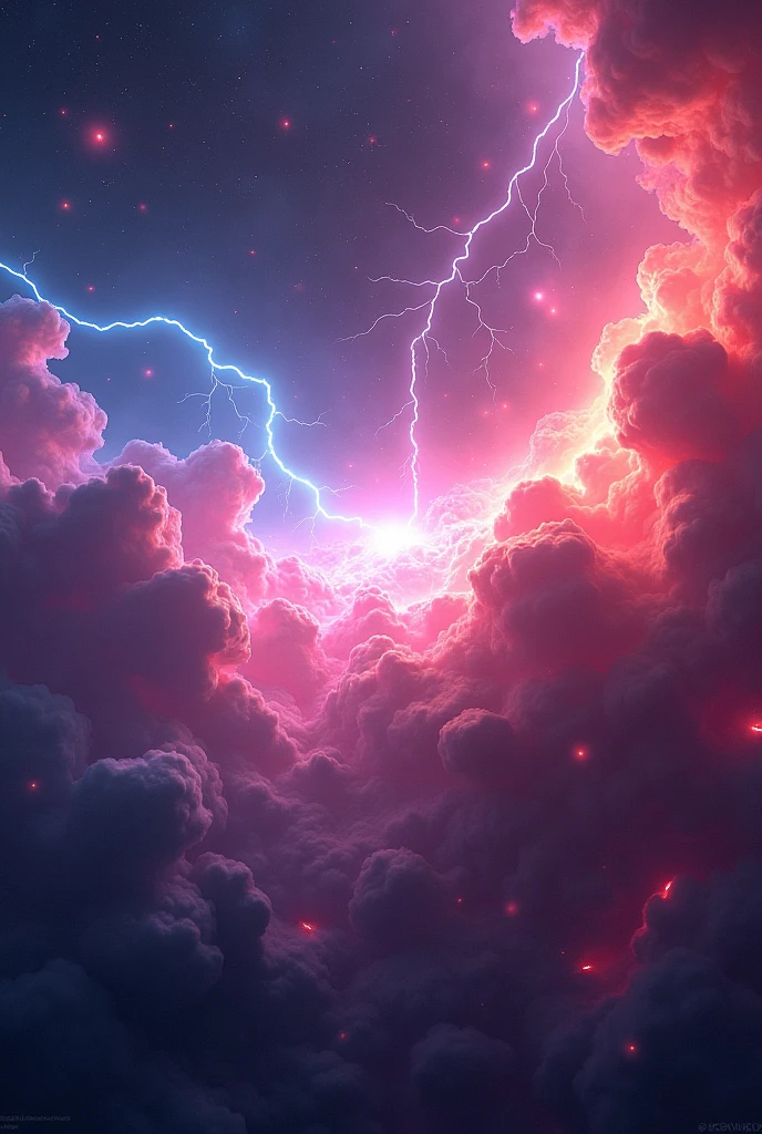 a plasma energy nebula neon-glowing on deep space cosmos colorful vibrant colours, powerful lightning bolts, strong light rays, lightning meteors raining, 8k, HD, highly detailed, intricate, ultra realistic, masterpiece, amazing, perfect
