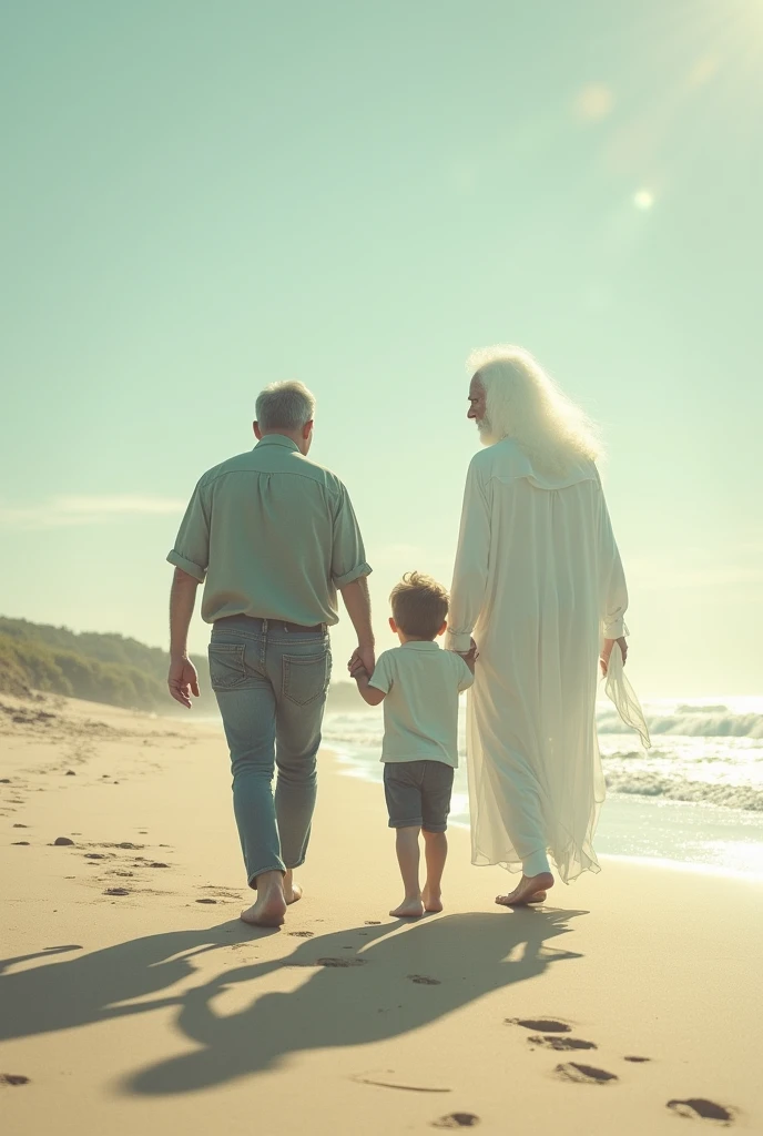Image of a 3 man who has already passed away, his 30-year-old son and grandson walking on the beach