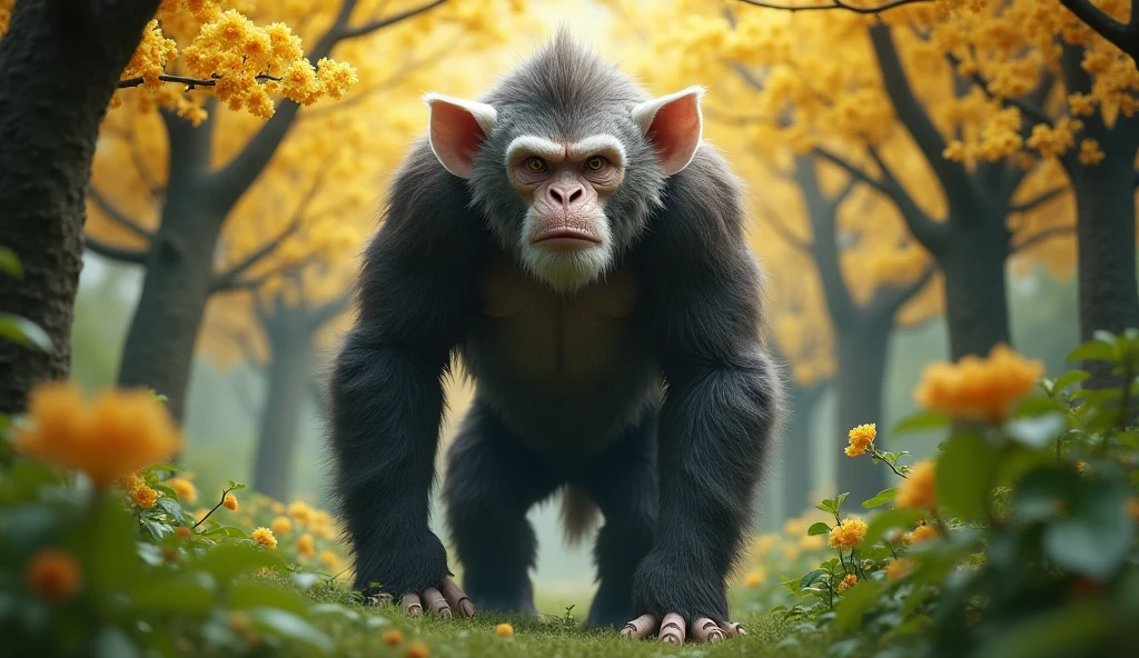 Front view，There is a wild beast in the osmanthus forest，Looks like an ape but has white ears，Standing and walking（best quality，4K，8k，High level，masterpiece：1.2），Ultra Detailed，（lifelike，Photo real，Photo real：1.37）