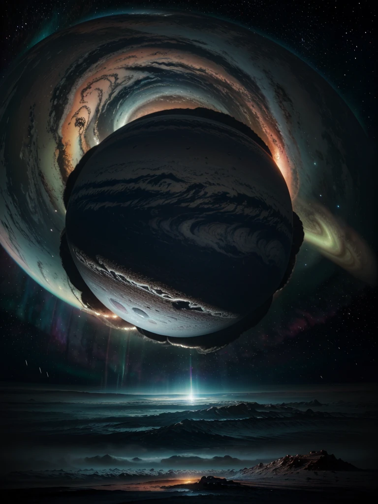 a massive gas giant planet, extremely detailed, ultra-detailed, hyperrealistic, photorealistic, 8k, high-resolution, cinematic lighting, dramatic atmosphere, swirling clouds, intense colors, glowing auroras, detailed surface features, menacing and imposing presence, seen from the surface of a nearby planet, awe-inspiring scale, beautiful, epic, dramatic