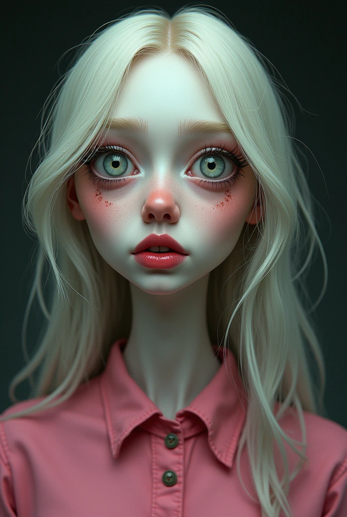 a women young with big and red lips, pale, beautiful, big eys, long hair, wear a pink top, as a tim burton draw, with bottons in her eyes,