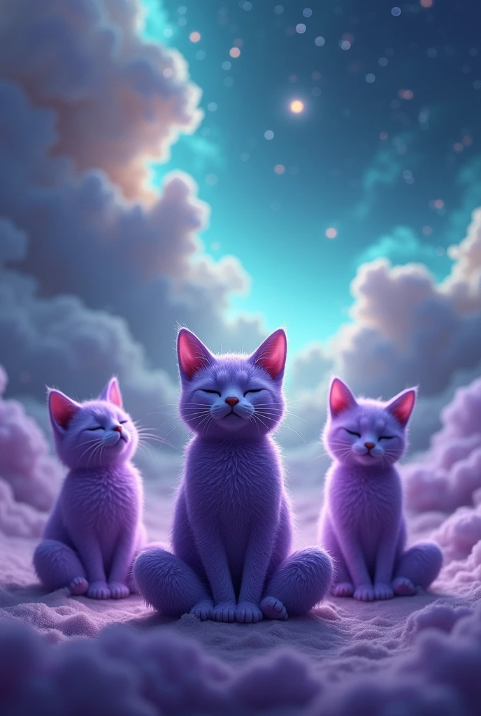 Create three cute cats, hiper realisitic, realisitic, They are meditating, they are purple, Are they happy, and the background is the turquoise and purple galaxy